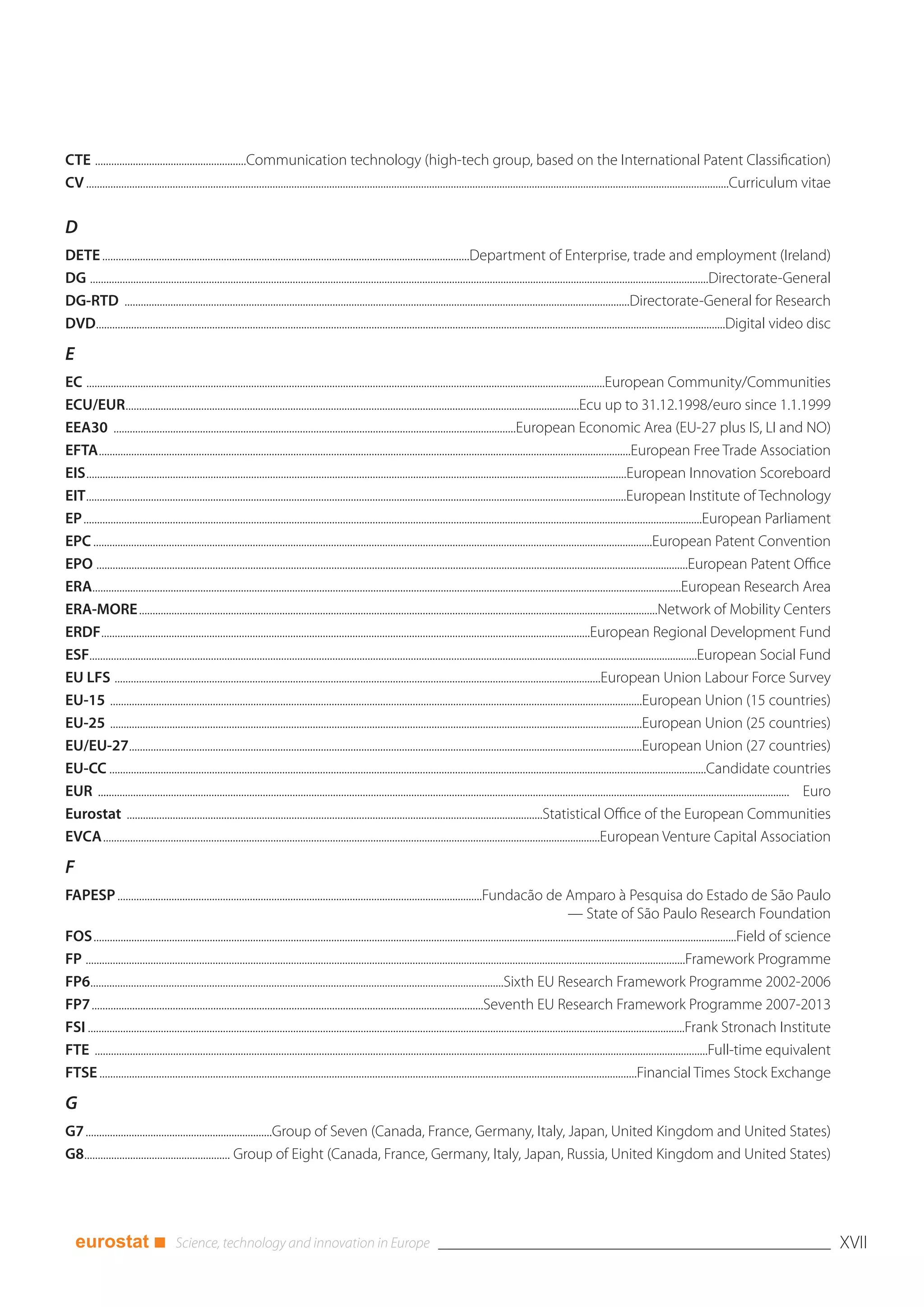 CTE ........................................................Communication technology (high-tech group, based on the International Patent Classification)
CV ..............................................................................................................................................................................................................................................Curriculum vitae

D
DETE ........................................................................................................................................Department of Enterprise, trade and employment (Ireland)
DG .....................................................................................................................................................................................................................................Directorate-General
DG-RTD ...........................................................................................................................................................................................Directorate-General for Research
DVD.........................................................................................................................................................................................................................................Digital video disc

E
EC ................................................................................................................................................................................................European Community/Communities
ECU/EUR........................................................................................................................................................................Ecu up to 31.12.1998/euro since 1.1.1999
EEA30 .....................................................................................................................................................European Economic Area (EU-27 plus IS, LI and NO)
EFTA.....................................................................................................................................................................................................European Free Trade Association
EIS........................................................................................................................................................................................................European Innovation Scoreboard
EIT........................................................................................................................................................................................................European Institute of Technology
EP.....................................................................................................................................................................................................................................European Parliament
EPC ...............................................................................................................................................................................................................European Patent Convention
EPO ...........................................................................................................................................................................................................................European Patent Office
ERA..........................................................................................................................................................................................................................European Research Area
ERA-MORE................................................................................................................................................................................................Network of Mobility Centers
ERDF.....................................................................................................................................................................................European Regional Development Fund
ESF.................................................................................................................................................................................................................................European Social Fund
EU LFS ....................................................................................................................................................................................European Union Labour Force Survey
EU-15 .....................................................................................................................................................................................................European Union (15 countries)
EU-25 .....................................................................................................................................................................................................European Union (25 countries)
EU/EU-27..............................................................................................................................................................................................European Union (27 countries)
EU-CC .............................................................................................................................................................................................................................Candidate countries
EUR .....
       ................................................................................................................................................................................................................................................................ Euro
Eurostat ..........................................................................................................................................................Statistical Office of the European Communities
EVCA........................................................................................................................................................................................European Venture Capital Association

F
FAPESP .......................................................................................................................................Fundacão de Amparo à Pesquisa do Estado de São Paulo
                                                                                                                                                                                      — State of São Paulo Research Foundation
FOS..............................................................................................................................................................................................................................................Field of science
FP ..............................................................................................................................................................................................................................Framework Programme
FP6.........................................................................................................................................................Sixth EU Research Framework Programme 2002-2006
FP7.................................................................................................................................................Seventh EU Research Framework Programme 2007-2013
FSI .............................................................................................................................................................................................................................Frank Stronach Institute
FTE ...................................................................................................................................................................................................................................Full-time equivalent
FTSE .......................................................................................................................................................................................................Financial Times Stock Exchange

G
G7 .....................................................................Group of Seven (Canada, France, Germany, Italy, Japan, United Kingdom and United States)
G8...................................................... Group of Eight (Canada, France, Germany, Italy, Japan, Russia, United Kingdom and United States)




    eurostat ■                                                                                                                                                                                                                                                                 XVII
 