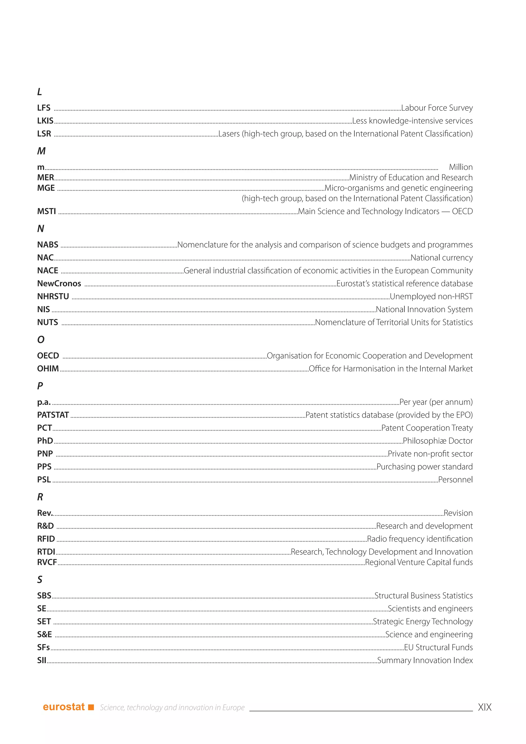 L
LFS ..................................................................................................................................................................................................................................Labour Force Survey
LKIS..................................................................................................................................................................................................Less knowledge-intensive services
LSR ...........................................................................................................Lasers (high-tech group, based on the International Patent Classification)

M
m................................................................................................................................................................................................................................................................ Million
 .......
MER................................................................................................................................................................................................Ministry of Education and Research
MGE ..............................................................................................................................................................................Micro-organisms and genetic engineering
                                                                                                                                 (high-tech group, based on the International Patent Classification)
MSTI ............................................................................................................................................................Main Science and Technology Indicators — OECD

N
NABS ............................................................................Nomenclature for the analysis and comparison of science budgets and programmes
NAC........................................................................................................................................................................................................................................National currency
NACE ................................................................................General industrial classification of economic activities in the European Community
NewCronos ....................................................................................................................................................................Eurostat’s statistical reference database
NHRSTU ...............................................................................................................................................................................................................Unemployed non-HRST
NIS ...................................................................................................................................................................................................................National Innovation System
NUTS .....................................................................................................................................................................Nomenclature of Territorial Units for Statistics

O
OECD .....................................................................................................................................Organisation for Economic Cooperation and Development
OHIM..................................................................................................................................................................Office for Harmonisation in the Internal Market

P
p.a. ..................................................................................................................................................................................................................................Per year (per annum)
PATSTAT .........................................................................................................................................................Patent statistics database (provided by the EPO)
PCT......................................................................................................................................................................................................................Patent Cooperation Treaty
PhD...................................................................................................................................................................................................................................Philosophiæ Doctor
PNP ........................................................................................................................................................................................................................Private non-profit sector
PPS ..................................................................................................................................................................................................................Purchasing power standard
PSL ...........................................................................................................................................................................................................................................................Personnel

R
Rev...............................................................................................................................................................................................................................................................Revision
R&D ................................................................................................................................................................................................................Research and development
RFID ..........................................................................................................................................................................................................Radio frequency identification
RTDI.........................................................................................................................................................Research, Technology Development and Innovation
RVCF........................................................................................................................................................................................................Regional Venture Capital funds

S
SBS..................................................................................................................................................................................................................Structural Business Statistics
SE..............................................................................................................................................................................................................................Scientists and engineers
SET ................................................................................................................................................................................................................Strategic Energy Technology
S&E .......................................................................................................................................................................................................................Science and engineering
SFs......................................................................................................................................................................................................................................EU Structural Funds
SII.......................................................................................................................................................................................................................Summary Innovation Index




    eurostat ■                                                                                                                                                                                                                                                               XIX
 