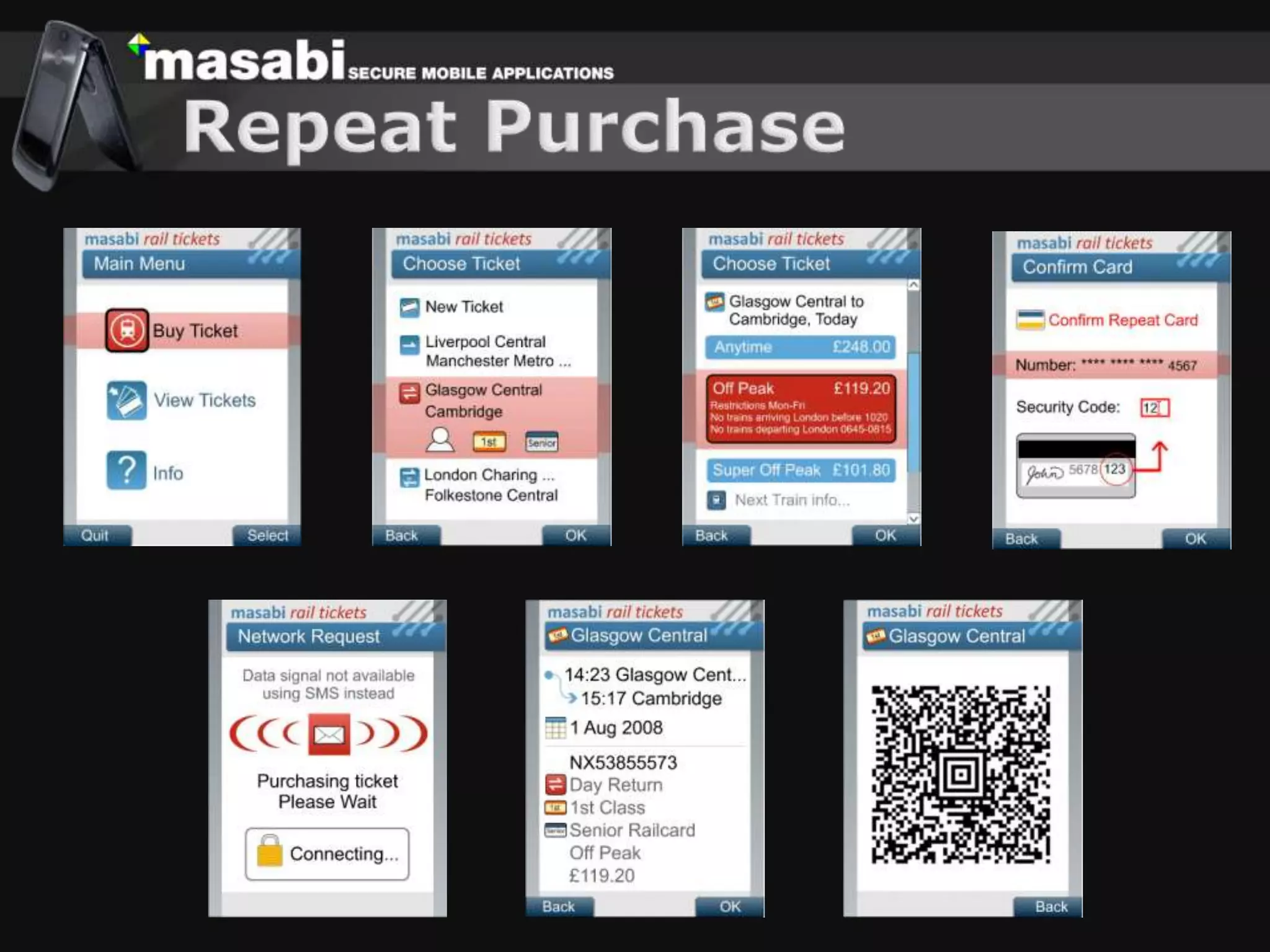 SolutionPhone becomes your ticketMasabi defined the official UKRail barcode ticketing standardPhone becomes a ticket machineBuy a ticket whilst on the moveNever queue again!Chiltern Railways trial showed:Not just for young malesOften user’s 1st transaction with a phone