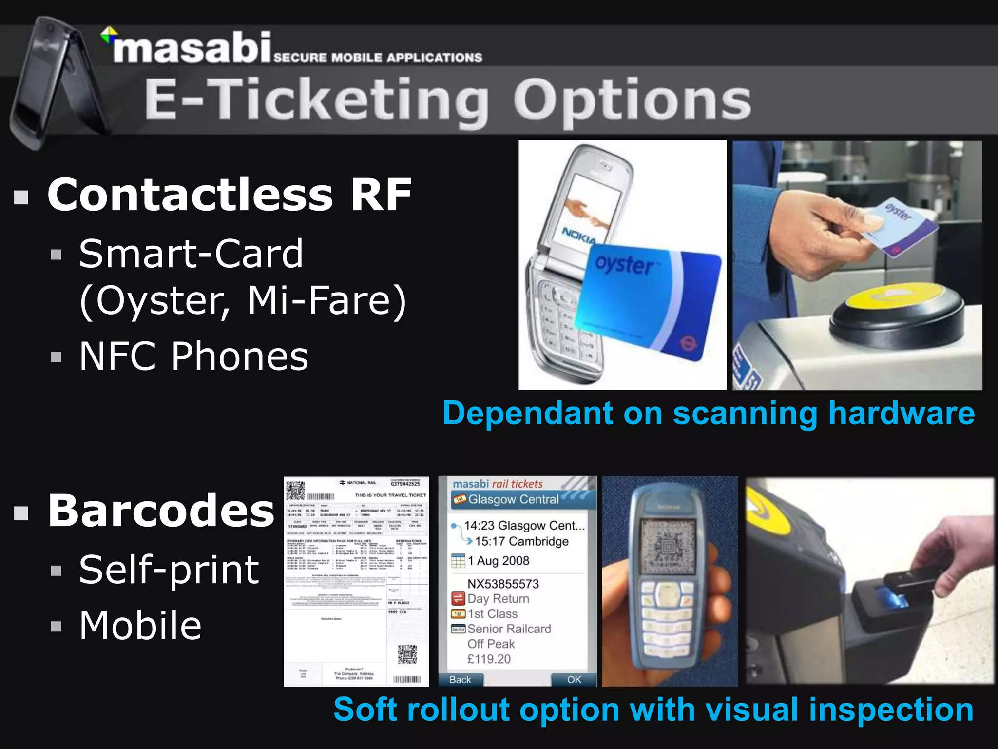 UK Rail BarcodesReliable, fastOffline scanningTickets still work when Internet doesn’t!Open securityPKI signatures prevent modificationPublic Key verification is cheap, easyRoyalty free, open barcodesAztec scans best on a handset screen