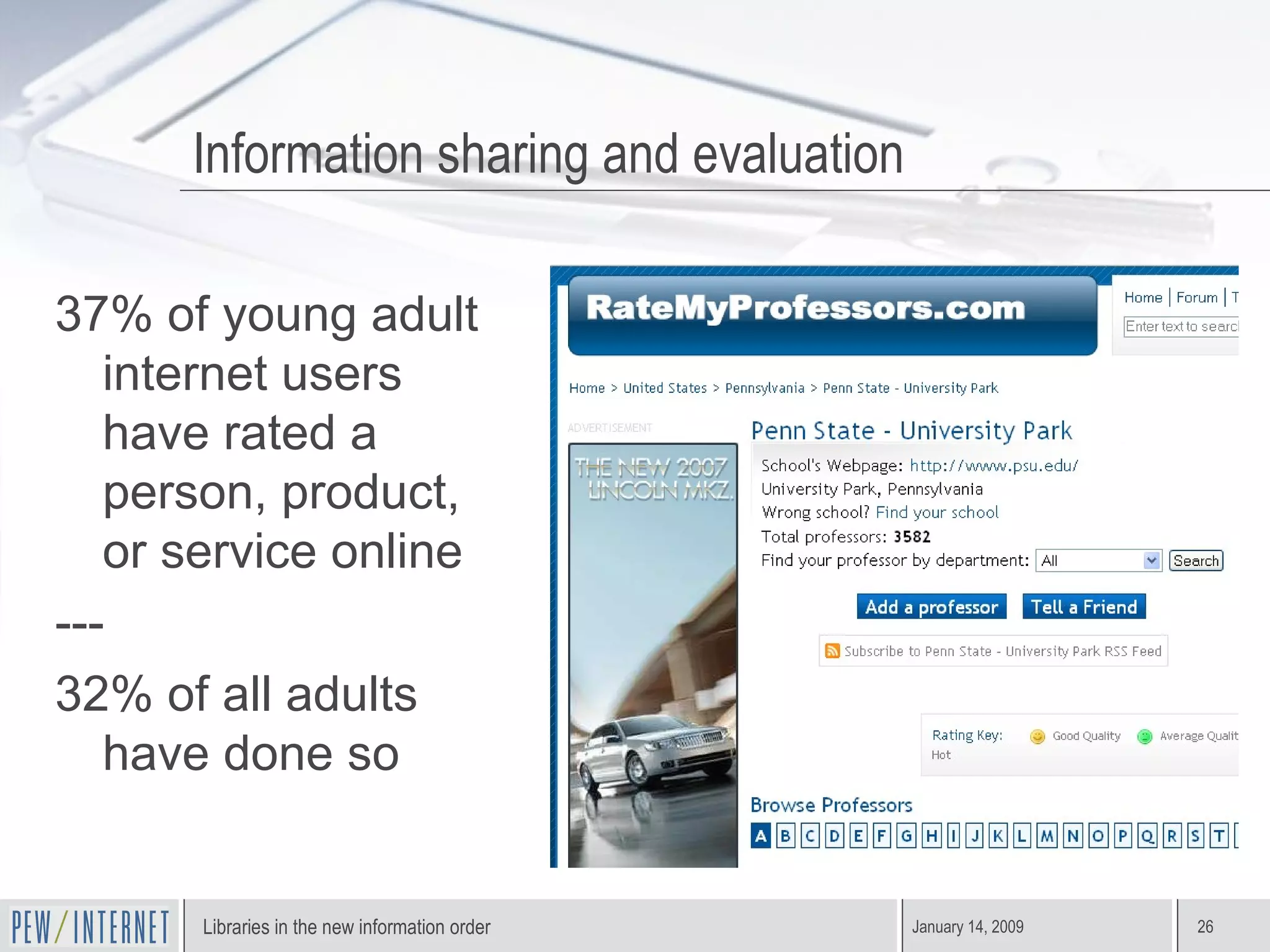 37% of young adult internet users have rated a person, product, or service online --- 32% of all adults have done so Information sharing and evaluation 