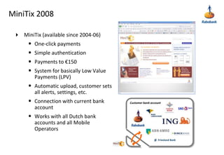 MiniTix 2008MiniTix (available since 2004-06)One-click paymentsSimple authenticationPayments to €150System for basically Low Value Payments (LPV)Automatic upload, customer sets all alerts, settings, etc.Connection with current bank accountWorks with all Dutch bank accounts and all Mobile OperatorsCustomer bank account