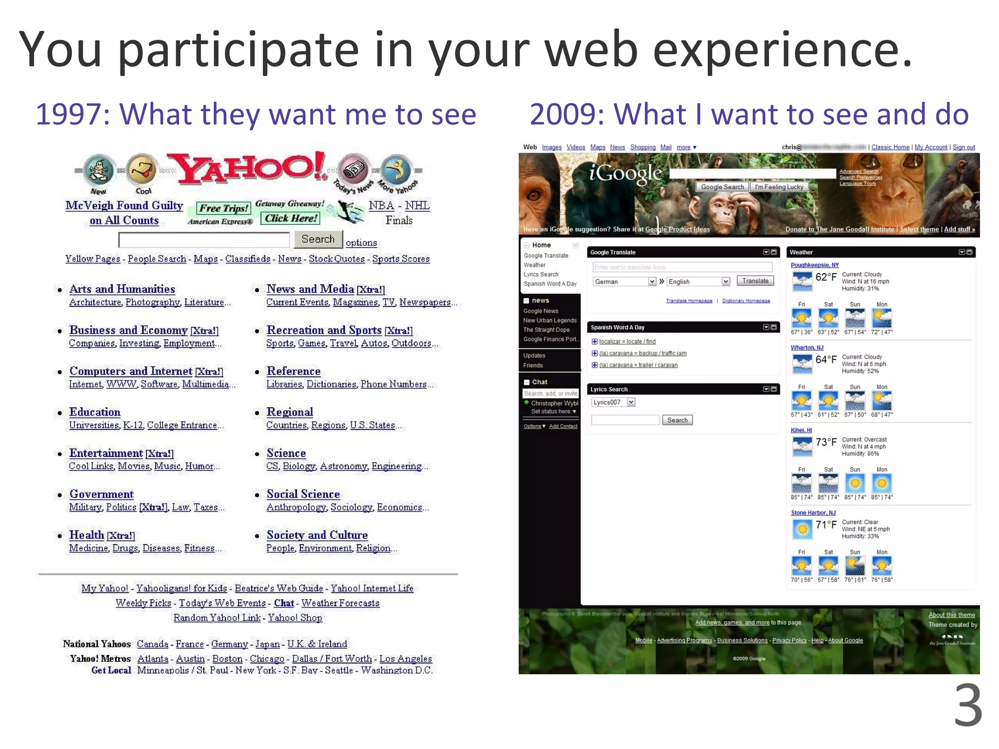 You participate in your web experience. 1997: What they want me to see 2009: What I want to see and do 3 