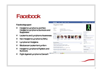 Facebook Facebookgrupper: Hodgkin's Lymphoma and Non Hodgkin's Lymphoma Survivors and Supporters Leukemia and Lymphoma Awareness Non Hodgkin's Lymphoma (NHL) Lymphoma/ Hodgkins Blodcancer-Leukemier-Lymfom Hodgkin's Lymphoma Fighters and Survivors Fight Against Lymphoma Cancer!! 