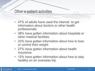 Other e-patient activities 47% of adults have used the internet  to get information about doctors or other health professionals 38% have gotten information about hospitals or other medical facilities 33% have gotten information about how to lose or control their weight 27% have gotten information about health insurance 12% have gotten information about how to stay healthy on an overseas trip 