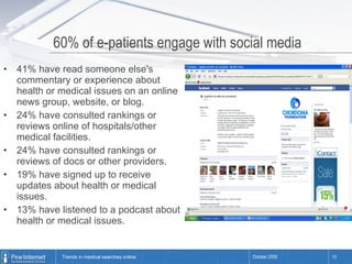 60% of e-patients engage with social media  41% have read someone else's commentary or experience about health or medical issues on an online news group, website, or blog. 24% have consulted rankings or reviews online of hospitals/other medical facilities.  24% have consulted rankings or reviews of docs or other providers.  19% have signed up to receive updates about health or medical issues. 13% have listened to a podcast about health or medical issues. 
