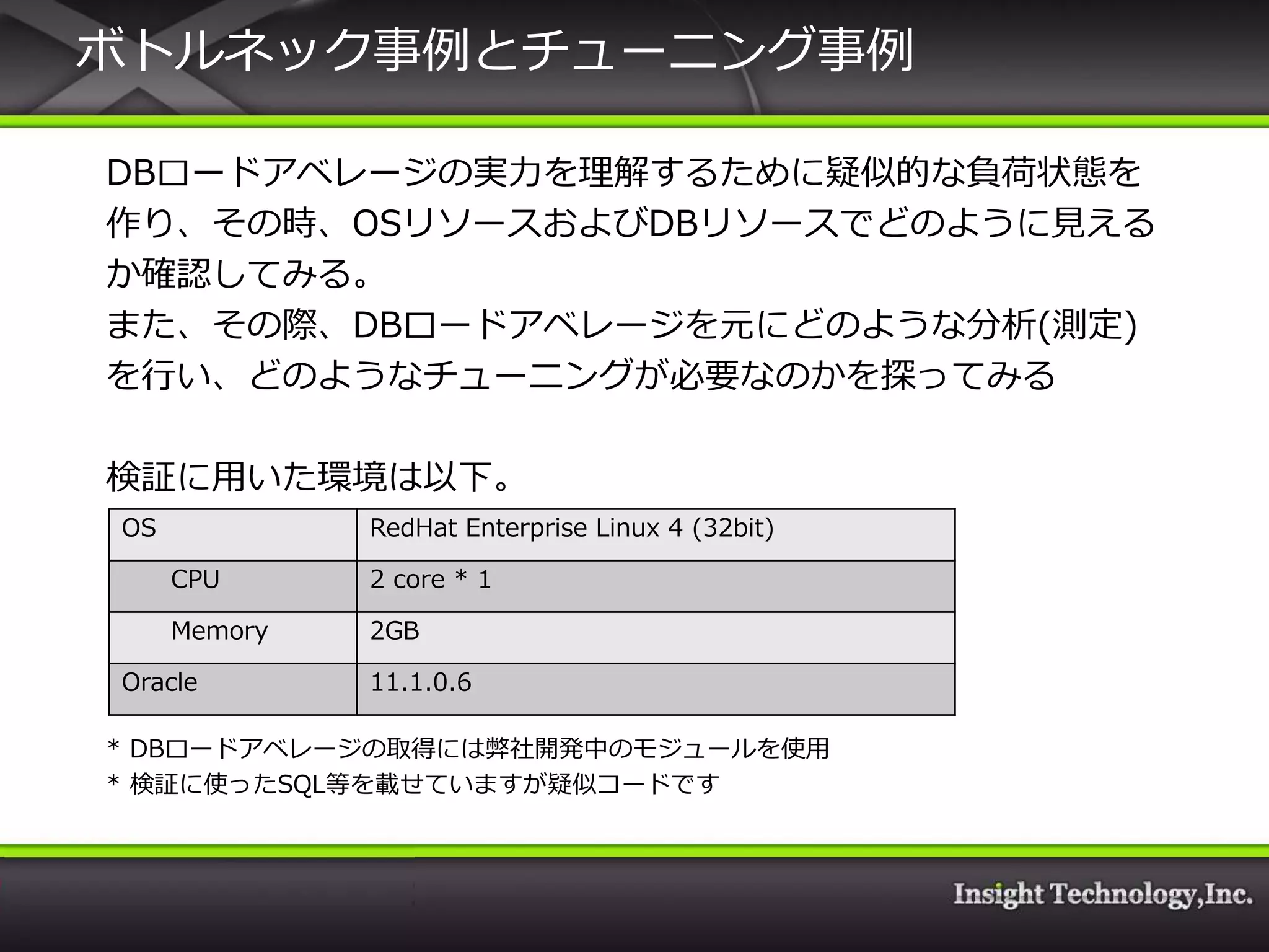 ボトルネック事例とチューニング事例

DBロードゕベレージの実力を理解するために疑似的な負荷状態を
作り、その時、OSリソースおよびDBリソースでどのように見える
か確認してみる。
また、その際、DBロードゕベレージを元にどのような分析(測定)
を行い、どのようなチューニングが必要なのかを探ってみる

検証に用いた環境は以下。
OS            RedHat Enterprise Linux 4 (32bit)

     CPU      2 core * 1

     Memory   2GB

Oracle        11.1.0.6

* DBロードゕベレージの取得には弊社開発中のモジュールを使用
* 検証に使ったSQL等を載せていますが疑似コードです
 