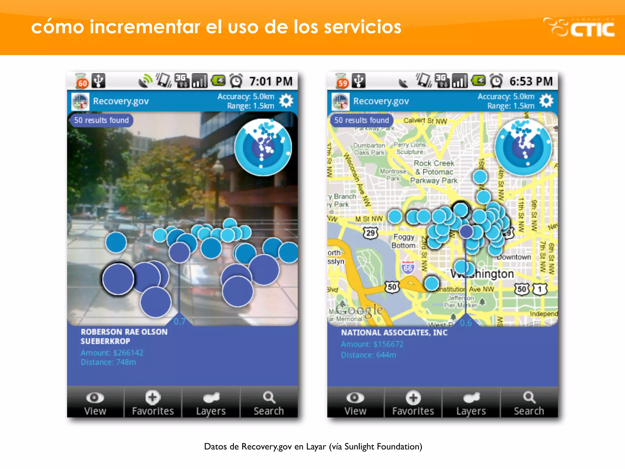 cómo incrementar el uso de los servicios




                  Datos de Recovery.gov en Layar (vía Sunlight Foundation)
 