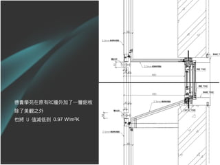 德貴學苑在原有RC牆外加了一層鋁板
除了美觀之外
也將 U 值減低到 0.97 W/m2K




                       19
 