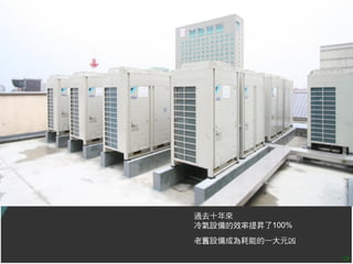 過去十年來
冷氣設備的效率提昇了100%
老舊設備成為耗能的一大元凶

                 28
 