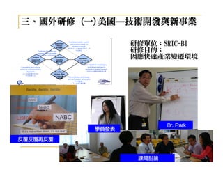 三、國外研修 (一)美國—技術開發與新事業
          美國 技術開發與新事業

                 研修單位：SRIC-BI
                 研修目的：
                 因應快速產業變遷環境




                         Dr. Park
          學員發表

反覆反覆再反覆


                  課間討論
 