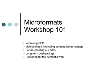 Microformats Workshop 101 ,[object Object],[object Object],[object Object],[object Object],[object Object]