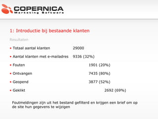 1: Introductie bij bestaande klanten Resultaten Totaal aantal klanten  29000 Aantal klanten met e-mailadres 9336 (32%) Fouten 1901 (20%) Ontvangen 7435 (80%) Geopend 3877 (52%) Geklikt 2692 (69%) Foutmeldingen zijn uit het bestand gefilterd en krijgen een brief om op de site hun gegevens te wijzigen 