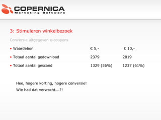 3: Stimuleren winkelbezoek Conversie uitgegeven e-coupons Waardebon € 5,-  €   10,- Totaal aantal gedownload 2379 2019 Totaal aantal gescand 1329 (56%) 1237 (61%) Hee, hogere korting, hogere conversie! Wie had dat verwacht….?! 