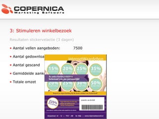 3: Stimuleren winkelbezoek Resultaten stickervelactie (3 dagen) Aantal vellen aangeboden: 7500 Aantal gedownload 919 (12,25%) Aantal gescand 255 (27,75%) Gemiddelde aankoopwaarde € 150,- Totale omzet €  38.250,- 