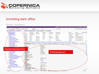 Inrichting back office Beheer database Doelgroepselecties Profielpagina’s 