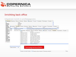Inrichting back office Uitgebreid inzicht in profielgegevens NAW en interesses Berichten Campagneresultaten 