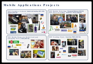 Mobile Applications Projects NFC Mobile Ticketing:  Diergaarde Blijdoorp (2008-09) NFC Fietsenstalling  : Eindhoven, Tilburg (2008-09) Rabobank Rotterdam NFC Cashless Schools : kassa’s and vending, ASH, HHS/Redbird (2007-09) NFC Cantina Trials & Roll-Out:  Carian/MiniTix (2008-09) NFC Vending Trials:  Coca-Cola, FEBO (2007-08) NFC Mobile Domestic Debit Card and Shopping Tool:  C1000 (2007-08) 