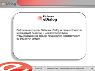 Funkcjonujące rozwiązania2009-11-1612Platforma eDialog – uelastycznienie  i rozwój Rynku PracyZarządzanie przedsiębiorstwemSystemy wspomagania zarządzania personelemDuże przedsiębiorstwaDrogie!Brak pełnej integracji z Rynkiem Pracy!