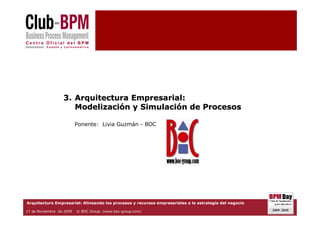 3. Arquitectura Empresarial:
                     Modelización y Simulación de Procesos

                          Ponente: Livia Guzmán - BOC




Arquitectura Empresarial: Alineando los procesos y recursos empresariales a la estrategia del negocio

17 de Noviembre de 2009   © BOC Group (www.boc-group.com)                                               -1-
 
