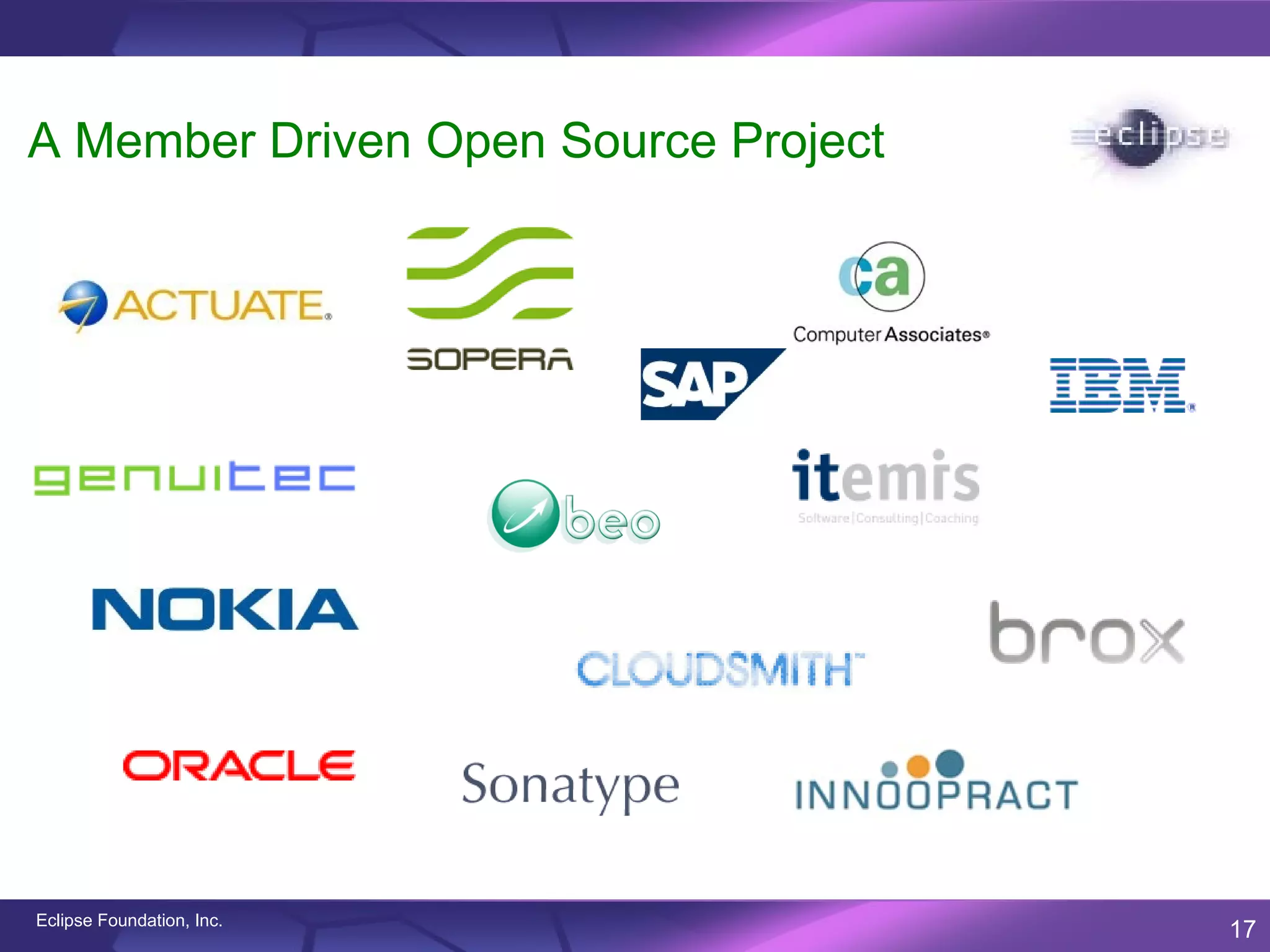 A Member Driven Open Source Project




Eclipse Foundation, Inc.
                                      17
 