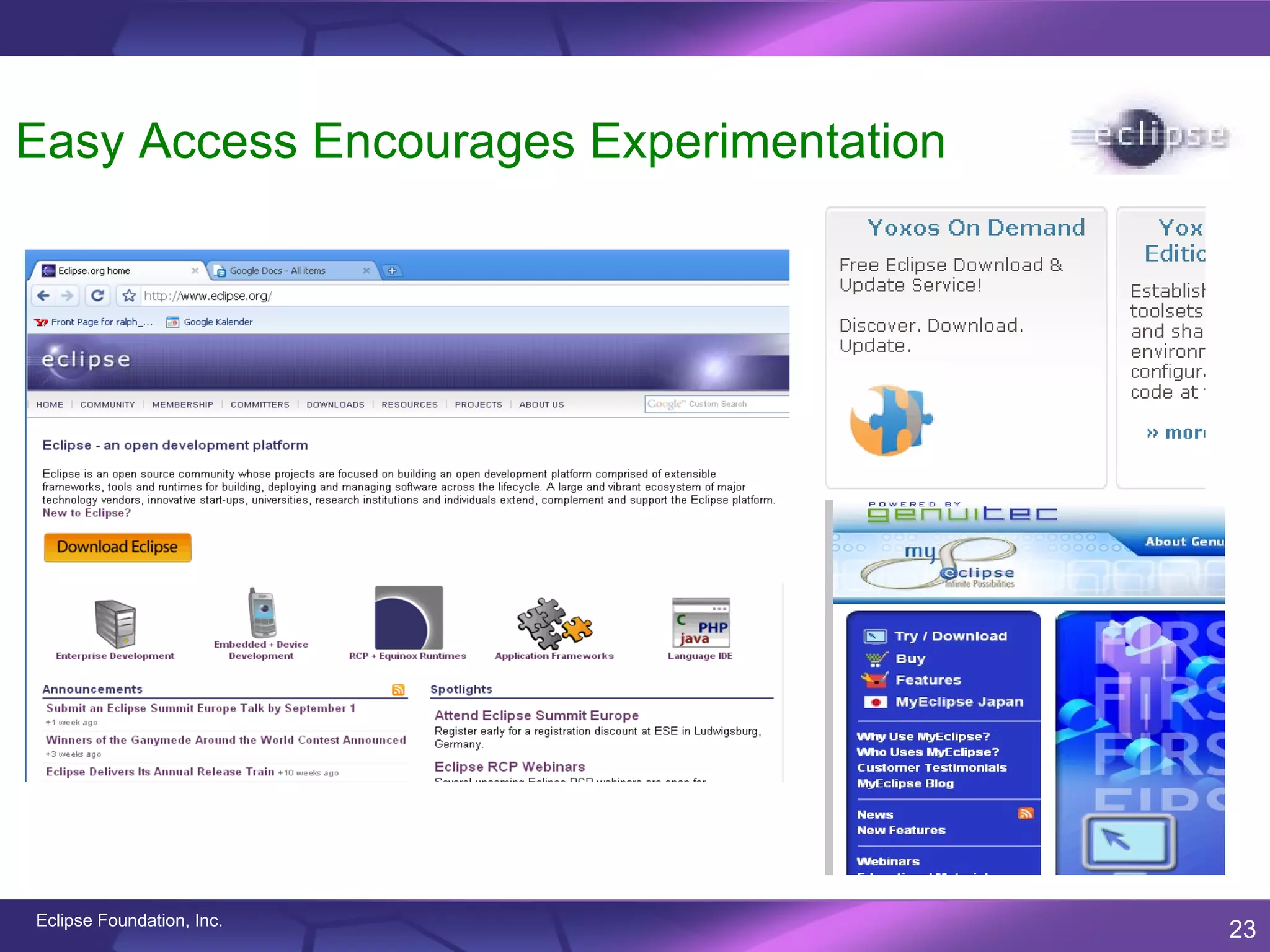Easy Access Encourages Experimentation




Eclipse Foundation, Inc.
                                         23
 