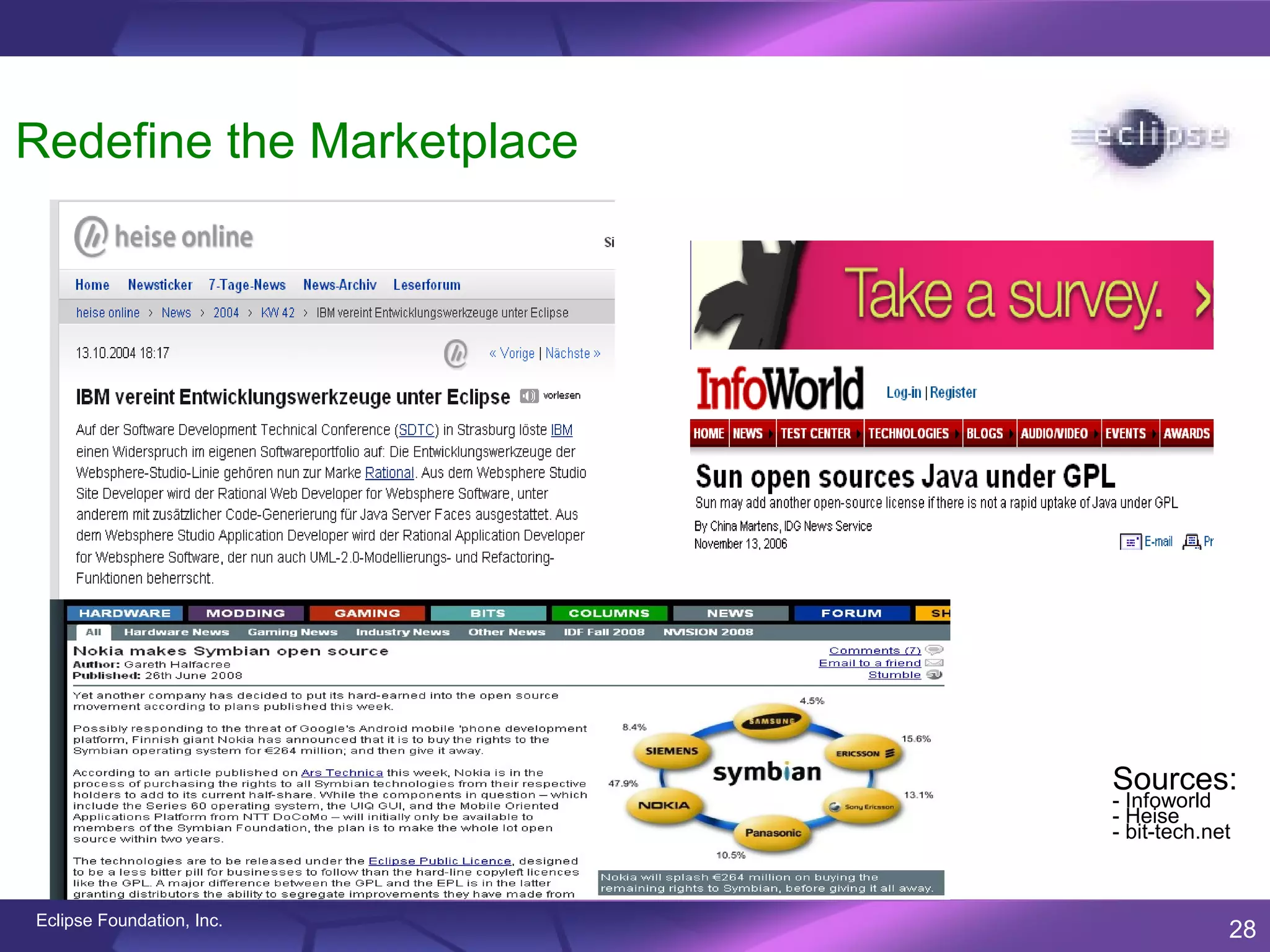Redefine the Marketplace




                           Sources:
                           - Infoworld
                           - Heise
                           - bit-tech.net



Eclipse Foundation, Inc.
                                        28
 