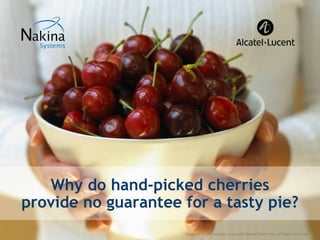 Why do hand-picked cherries
provide no guarantee for a tasty pie?
                     Copyright © 2009 Alcatel-Lucent and Nakina Systems Inc. All Rights Reserved.| 1
 