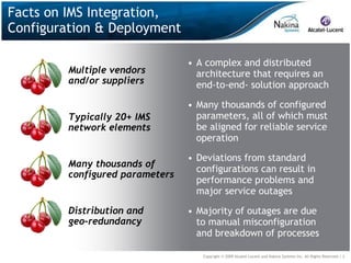 Facts on IMS Integration,
Configuration & Deployment

                                 • A complex and distributed
         Multiple vendors          architecture that requires an
         and/or suppliers          end-to-end- solution approach

                                 • Many thousands of configured
         Typically 20+ IMS         parameters, all of which must
         network elements          be aligned for reliable service
                                   operation

                                 • Deviations from standard
         Many thousands of
                                   configurations can result in
         configured parameters
                                   performance problems and
                                   major service outages

         Distribution and        • Majority of outages are due
         geo-redundancy            to manual misconfiguration
                                   and breakdown of processes

                                    Copyright © 2009 Alcatel-Lucent and Nakina Systems Inc. All Rights Reserved.| 2
 