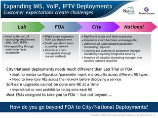 Expanding IMS, VoIP, IPTV Deployments
Customer expectations create challenges

          Lab                      FOA                      City                                    National
• Small scale test of     • Slight scope expansion   • Significant scope and team expansion.
  technology deployment     from Lab deployment      • Parameter churn becomes unmanageable
  (IMS, VoIP, IPTV)       • Small operations team    • Definition of Gold standard parameter
• Manageability through     accessing network          templating required
  nodal interfaces        • Parameter churn          • Tracking and auditing of parameter changes
  acceptable                manageable through         mandatory requiring integrated security
                            manual methods           • Presence of solution blanketing manager over
                                                       solution network required


  City/National deployments needs much different than Lab Trial or FOA
    • Must normalize configuration/parameter mgmt and security across different NE types
    • Need to inventory NEs across the network before deploying a service
  Software upgrades cannot be done one NE at a time
    • Impractical or cost prohibitive to log onto each NE
  Most EMSs designed to take you to FOA ― but not beyond …


    How do you go beyond FOA to City/National Deployments?
                                                            Copyright © 2009 Alcatel-Lucent and Nakina Systems Inc. All Rights Reserved.| 6
 