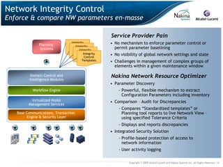 Network Integrity Control
Enforce & compare NW parameters en-masse

                                                      Service Provider Pain
               Planning
                                 Integrity            • No mechanism to enforce parameter control or
                                  Control
                                    Integrity
               Systems          Templates
                                     Control
                                       Integrity
                                                        permit parameter baselining
                                   Templates
                                        Control
                                          Integrity
                                      Templates
                                           Control
                                                      • No visibility of global network settings and state
                                         Templates    • Challenges in management of complex groups of
                                                        elements within a given maintenance window

          Domain Control and                          Nakina Network Resource Optimizer
         Intelligence Modules
                                                      • Parameter Discovery
           Workflow Engine                                - Powerful, flexible mechanism to extract
                                                            Configuration Parameters including inventory
          Virtualized Nodal                           • Comparison – Audit for Discrepancies
         Management Services
                                                          - Compares “Standardized templates” or
   Base Communications, Transaction                         Planning tool reports to live Network View –
         Engine & Security Layer                            using specified Tolerance Criteria
                                                          - Displays and reports discrepancies
                                                      • Integrated Security Solution
                                                          - Profile-based protection of access to
                                                            network information
                                                          - User activity logging

                                                               Copyright © 2009 Alcatel-Lucent and Nakina Systems Inc. All Rights Reserved.| 8
 