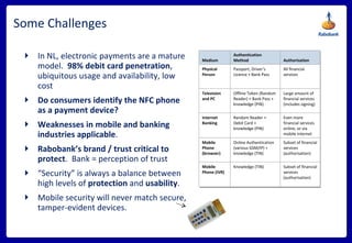 Some Challenges In NL, electronic payments are a mature model.  98% debit card penetration , ubiquitous usage and availability, low cost Do consumers identify the NFC phone as a payment device?   Weaknesses in mobile and banking  industries applicable . Rabobank’s brand / trust critical to protect .  Bank = perception of trust “ Security” is always a balance between high levels of  protection  and  usability . Mobile security will never match secure, tamper-evident devices. Even more financial services online, or via mobile internet Random Reader + Debit Card + knowledge (PIN) Internet Banking Subset of financial services (authorisation) Knowledge (TIN) Mobile Phone (IVR) Subset of financial services (authorisation) Online Authentication (various GSM/IP) + knowledge (TIN) Mobile Phone (browser) Large amount of financial services (includes signing) Offline Token (Random Reader) + Bank Pass + knowledge (PIN) Television and PC All financial services Passport, Driver’s Licence + Bank Pass Physical Person Authorisation Authentication Method Medium 