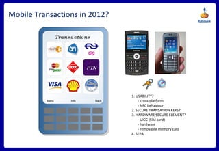 Mobile Transactions in 2012? Transactions Menu PIN Menu Back Info 1. USABILITY? - cross-platform - NFC behaviour 2. SECURE TRANSATION KEYS? 3. HARDWARE SECURE ELEMENT? - UICC (SIM card) - hardware - removable memory card 4. SEPA 
