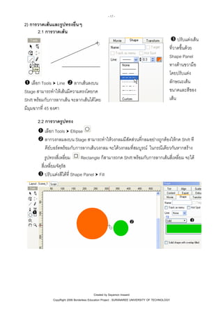 - 17 -

2) การวาดเสนและรูปทรงอื่นๆ
2.1 การวาดเสน

เลือก Tools Line ลากเสนลงบน
Stage สามารถทําใหเสนมีความตรงโดยกด
Shift พรอมกับการลากเสน จะลากเสนไดโดย
มีมุมฉากที่ 45 องศา

ปรับแตงเสน
ที่วาดขึ้นดวย
Shape Panel
ทางดานขวามือ
โดยปรับแตง
ลักษณะเสน
ขนาดและสีของ
เสน

2.2 การวาดรูปทรง
เลือก Tools Ellipse
ลากวงกลมลงบน Stage สามารถทําใหวงกลมมีสัดสวนที่กลมอยางถูกตองใหกด Shift ที
คียบอรดพรอมกับการลากเสนวงกลม จะไดวงกลมที่สมบูรณ ในกรณีเดียวกันหากสราง
Rectangle ก็สามารถกด Shift พรอมกับการลากเสนสี่เหลี่ยม จะได
รูปทรงสี่เหลี่ยม
สี่เหลี่ยมจัตุรัส
ปรับแตงสีไดที่ Shape Panel Fill

Created by Sayamon Insaard
CopyRight 2006 Borderless Education Project : SURANAREE UNIVERSITY OF TECHNOLOGY

 