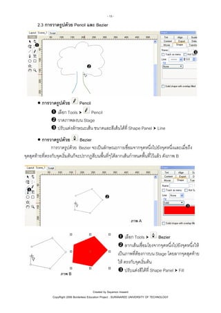 - 18 -

2.3 การวาดรูปดวย Pencil และ Bezier

• การวาดรูปดวย
Pencil
เลือก Tools
Pencil
วาดภาพลงบน Stage
ปรับแตงลักษณะเสน ขนาดและสีเสนไดที่ Shape Panel Line
• การวาดรูปดวย
Bezier
การวาดรูปดวย Bezier จะเปนลักษณะการเชื่อมจากจุดหนึ่งไปยังจุดหนึ่งและเมื่อถึง
จุดสุดทายที่ตรงกับจุดเริ่มตนก็จะปรากฏสีบนพื้นที่ๆไดลากเสนกําหนดพื้นที่ไวแลว ดังภาพ B

ภาพ A

ภาพ B

เลือก Tools
Bezier
ลากเสนเชื่อมโยงจากจุดหนึ่งไปยังจุดหนึ่งให
เปนภาพที่ตองการบน Stage โดยลากจุดสุดทาย
ให ตรงกับจุดเริ่มตน
ปรับแตงสีไดที่ Shape Panel Fill

Created by Sayamon Insaard
CopyRight 2006 Borderless Education Project : SURANAREE UNIVERSITY OF TECHNOLOGY

 