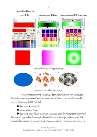 - 22 -

• การเลือกใชงาน Fill
Solid สีเต็ม

Linear gradient สีไลโทน

Radial gradient สีไลโทนทรงกลม

ภาพ การทํางานกับ Fill ในรูปแบบตางๆ

ภาพ การสรางภาพดวย Tiled Image
จากภาพการสรางภาพดวย Tiled Image ซึ่งสามารถทําใหภาพ 1 ภาพ มีลักษณะตอ
เนื่องกันเปนภาพหลายๆภาพตอกันโดยการกําหนดขนาดภาพไวโดยการวาดวงกลมขึ้นมาและเลือก
ภาพจาก Tiled Image ซึ่งมีวิธีการทําดังนี้
เลือก Tools Ellipse
ลากวงกลมลงบน Stage
เลือก Fill Click ที่ Solid เลือก Tiled Image และ Click ที่ภาพโฟลเดอร เลือกภาพที่
ตองการ จะปรากฏภาพที่ตอเปนหลายๆ ชิ้นเรียงตอกันในวงกลม สังเกตดูจะเห็นวาวงกลมจะเปนตัว
กําหนดพื้นที่ในการแสดงภาพ ภายนอกวงกลมจะไมแสดงภาพดังกลาว ทานสามารถเลือกใชการวาด
Created by Sayamon Insaard
CopyRight 2006 Borderless Education Project : SURANAREE UNIVERSITY OF TECHNOLOGY

 