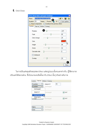 - 30 -

C. Click Close

B

A

C

ในการปรับแตงคุณลักษณะของ Effect แตละรูปแบบนั้นจะแตกตางกัน ผูใชสามารถ
ปรับแตงไดหลายสวน ซึ่งโปรแกรมจะติดตั้งมากับ Effect นั้นๆ ตัวอยางดังภาพ

Created by Sayamon Insaard
CopyRight 2006 Borderless Education Project : SURANAREE UNIVERSITY OF TECHNOLOGY

 