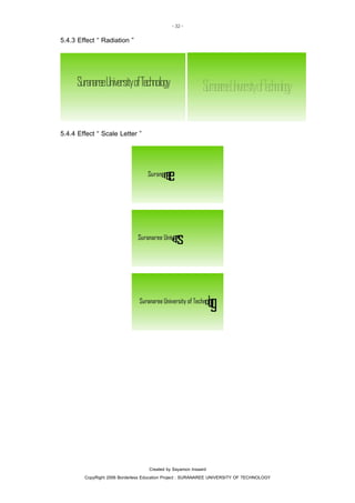 - 32 -

5.4.3 Effect “ Radiation ”

5.4.4 Effect “ Scale Letter ”

Created by Sayamon Insaard
CopyRight 2006 Borderless Education Project : SURANAREE UNIVERSITY OF TECHNOLOGY

 