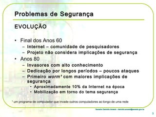 Senador Delcídio Amaral – delcidio.amaral@senado.gov.brSenador Delcídio Amaral – delcidio.amaral@senado.gov.br
Problemas de SegurançaProblemas de Segurança
EVOLUÇÃO
• Final dos Anos 60
– Internet – comunidade de pesquisadores
– Projeto não considera implicações de segurança
• Anos 80
– Invasores com alto conhecimento
– Dedicação por longos períodos – poucos ataques
– Primeiro worm¹ com maiores implicações de
segurança
• Aproximadamente 10% da Internet na época
• Mobilização em torno do tema segurança
3
¹ um programa de computador que invade outros computadores ao longo de uma rede
 