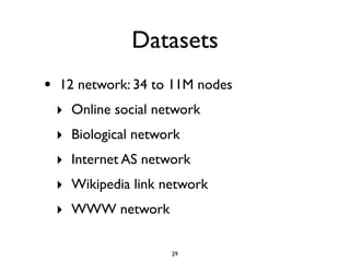 Datasets
•   12 network: 34 to 11M nodes
    ‣ Online social network
    ‣ Biological network
    ‣ Internet AS network
  ...