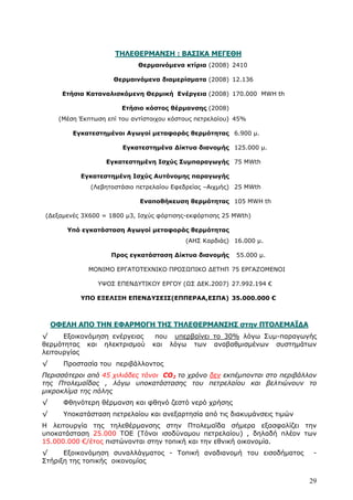 ΤΗΛΕΘΕΡΜΑΝΣΗ : ΒΑΣΙΚΑ ΜΕΓΕΘΗ
                             Θερμαινόμενα κτίρια (2008) 2410

                     Θερμαινόμενα διαμερίσματα (2008) 12.136

      Ετήσια Καταναλισκόμενη Θερμική Ενέργεια (2008) 170.000 MWΗ th

                        Ετήσιο κόστος θέρμανσης (2008)
     (Μέση Έκπτωση επί του αντίστοιχου κόστους πετρελαίου) 45%

         Εγκατεστημένοι Αγωγοί μεταφοράς θερμότητας 6.900 μ.

                        Εγκατεστημένα Δίκτυα διανομής 125.000 μ.

                   Εγκατεστημένη Ισχύς Συμπαραγωγής 75 MWth

           Εγκατεστημένη Ισχύς Αυτόνομης παραγωγής
              (Λεβητοστάσιο πετρελαίου Εφεδρείας –Αιχμής) 25 MWth

                             Εναποθήκευση θερμότητας 105 MWΗ th

(Δεξαμενές 3Χ600 = 1800 μ3, Ισχύς φόρτισης-εκφόρτισης 25 MWth)

       Υπό εγκατάσταση Αγωγοί μεταφοράς θερμότητας
                                           (ΑΗΣ Καρδιάς) 16.000 μ.

                    Προς εγκατάσταση Δίκτυα διανομής       55.000 μ.

              ΜΟΝΙΜΟ ΕΡΓΑΤΟΤΕΧΝΙΚΟ ΠΡΟΣΩΠΙΚΟ ΔΕΤΗΠ 75 ΕΡΓΑΖΟΜΕΝΟΙ

                ΥΨΟΣ ΕΠΕΝΔΥΤΙΚΟΥ ΕΡΓΟΥ (ΩΣ ΔΕΚ.2007) 27.992.194 €

           ΥΠΟ ΕΞΕΛΙΞΗ ΕΠΕΝΔΥΣΕΙΣ(ΕΠΠΕΡΑΑ,ΕΣΠΑ) 35.000.000 €



    ΟΦΕΛΗ ΑΠΟ ΤΗΝ ΕΦΑΡΜΟΓΗ ΤΗΣ ΤΗΛΕΘΕΡΜΑΝΣΗΣ στην ΠΤΟΛΕΜΑΪΔΑ
√     Εξοικονόμηση ενέργειας      που υπερβαίνει το 30% λόγω Συμ-παραγωγής
θερμότητας και ηλεκτρισμού       και λόγω των αναβαθμισμένων συστημάτων
λειτουργίας
√     Προστασία του περιβάλλοντος
Περισσότεροι από 45 χιλιάδες τόνοι CO 2 το χρόνο δεν εκπέμπονται στο περιβάλλον
της Πτολεμαΐδας , λόγω υποκατάστασης του πετρελαίου και βελτιώνουν το
μικροκλίμα της πόλης
√     Φθηνότερη θέρμανση και φθηνό ζεστό νερό χρήσης
√     Υποκατάσταση πετρελαίου και ανεξαρτησία από τις διακυμάνσεις τιμών
Η λειτουργία της τηλεθέρμανσης στην Πτολεμαΐδα σήμερα εξασφαλίζει την
υποκατάσταση 25.000 ΤΟΕ (Τόνοι ισοδύναμου πετρελαίου) , δηλαδή πλέον των
15.000.000 €/έτος πιστώνονται στην τοπική και την εθνική οικονομία.
√     Εξοικονόμηση συναλλάγματος - Τοπική αναδιανομή του εισοδήματος          -
Στήριξη της τοπικής οικονομίας


                                                                            29
 