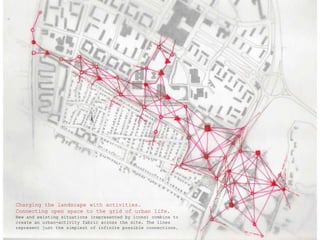 Chargingthelandscapewithactivities.Connecting open spacetothegrid of urbanlife.New and existingsituations (representedbyicons) combine tocreateanurban-activityfabricacrossthesite. Thelinesrepresentjustthesimplest of infinitepossibleconnections.