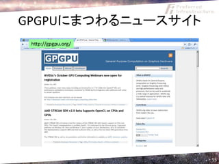 CUDAに関する質問ができる。英語版のほうが
 充実はしている。日本語版も十分親切です。
 http://forum.nvidia.co.jp/




                              56
 