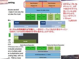スケジューラ= TA
                            が2人いて、コア
                            ＝M1が片手でも
                            空いていれば計
                            算をやらせる。
                            Core i7がやって
                            いるhyper
                            threading相当の
                            機能


カーネルの同時実行が可能に。一部のテーブルである計算をやってい
る間のこりが全然別種類の計算を進めることができる。




                                      108
 
