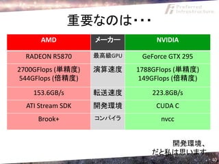 重要なのは・・・
      AMD          メーカー          NVIDIA

  RADEON R5870     最高級GPU    GeForce GTX 295
2700GFlops (単精度)   演算速度     1788GFlops (単精度)
 544GFlops (倍精度)            149GFlops (倍精度)
    153.6GB/s      転送速度         223.8GB/s
  ATI Stream SDK   開発環境          CUDA C
     Brook+        コンパイラ          nvcc


                                  開発環境、
                               だと私は思います
                                               40
 
