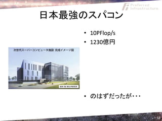 日本最強のスパコン
    • 10PFlop/s
    • 1230億円




    • のはずだったが・・・


                   68
 