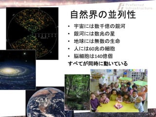 自然界の並列性
• 宇宙には数千億の銀河
• 銀河には数兆の星
• 地球には無数の生命
• 人には60兆の細胞
• 脳細胞は140億個
すべてが同時に動いている




               90
 