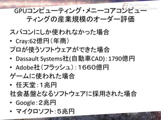 GPUコンピューティング・メニーコアコンピュー
    ティングの産業規模のオーダー評価
スパコンにしか使われなかった場合
• Cray:62億円（年商）
プロが使うソフトウェアができた場合
• Dassault Systems社(自動車CAD)：1790億円
• Adobe社（フラッシュ）：１６６０億円
ゲームに使われた場合
• 任天堂：１兆円
社会基盤となるソフトウェアに採用された場合
• Google：２兆円
• マイクロソフト：５兆円
 