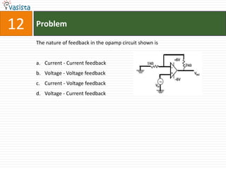 12   Problem

     The nature of feedback in the opamp circuit shown is


     a. Current - Current feedback
     b. Voltage - Voltage feedback
     c. Current - Voltage feedback
     d. Voltage - Current feedback
 