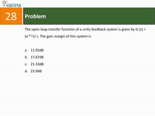 28   Problem

     The open loop transfer function of a unity feedback system is given by G (s) =
     (e-0.1s)/ s. The gain margin of this system is


     a. 11.95dB
     b. 17.67dB
     c. 21.33dB
     d. 23.9dB
 